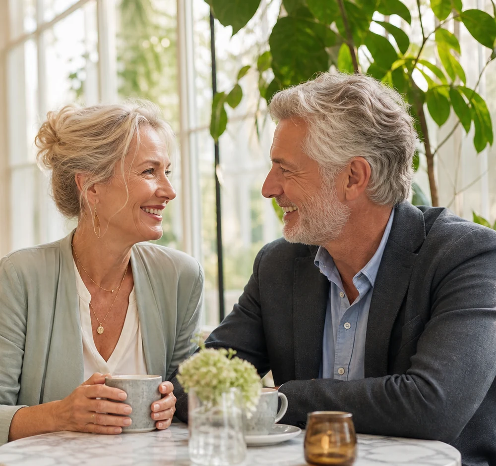 A woman and man over 60 enjoying coffee together in a bright conservatory café